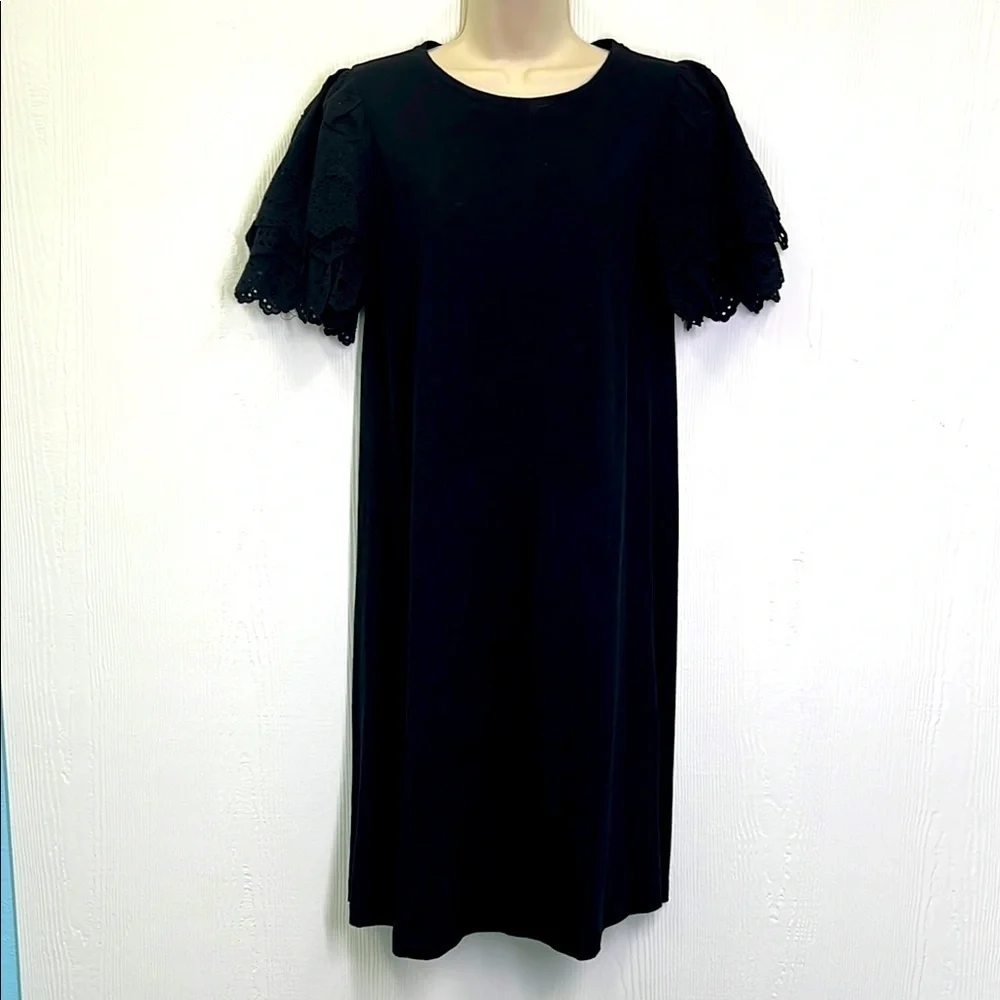 Chicos - Black Crewneck Crochet Tiered Short Sleeves Shirt Midi Dress Size Med